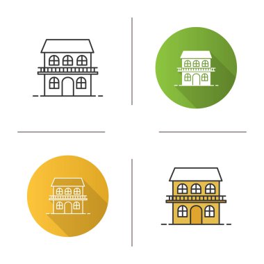 İki katlı yazlık simgesi. Dağ evi. Ev. Tasarım, doğrusal düz ve stilleri renk. İzole vektör çizimler