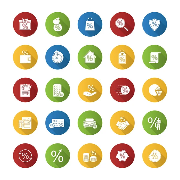 Yüzdeler düz uzun gölge glif Icons set dizayn. İndirim teklifi, gayrimenkul ipotek, bankacılık, para tasarrufu. Vektör siluet çizimi