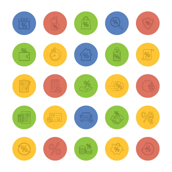 Yüzdeler doğrusal Icons set. İndirim teklifi, gayrimenkul ipotek, bankacılık, para tasarrufu. İnce çizgi Seviyelendirme simgelerini renkli arka plan üzerinde. Vektör çizimler