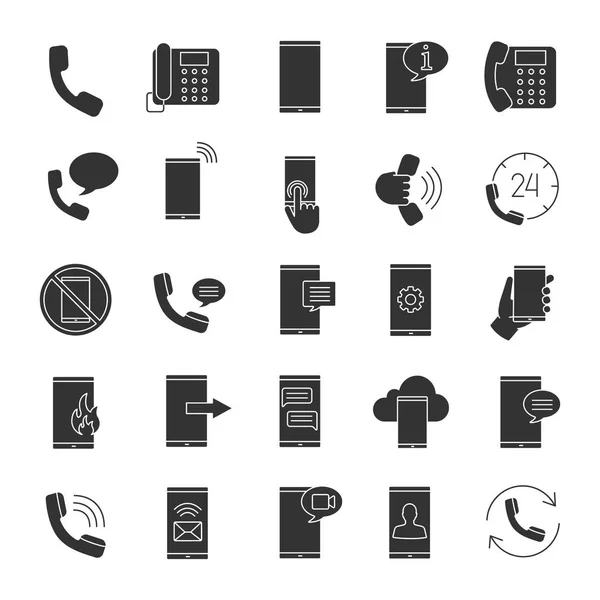 Telefoon Communicatie Glyph Pictogrammen Set Smartphone Oproepen Berichten Hotline Mobiele — Stockvector
