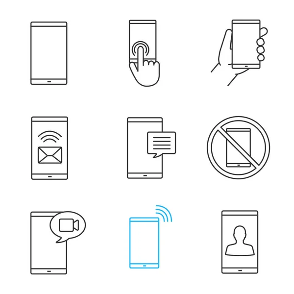 Conjunto Iconos Lineales Comunicación Telefónica Prohibición Teléfonos Inteligentes Pantalla Táctil — Vector de stock