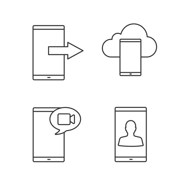 Conjunto Iconos Lineales Comunicación Telefónica Transferencia Datos Almacenamiento Nube Teléfonos — Vector de stock