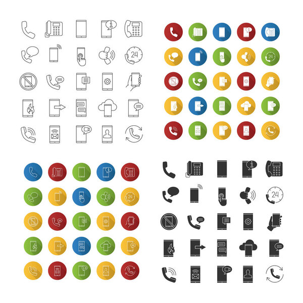 Phone communication icons set. Smartphone calls, messages, hotline, mobile cloud computing. Linear, flat design, color and glyph styles. isolated vector illustrations