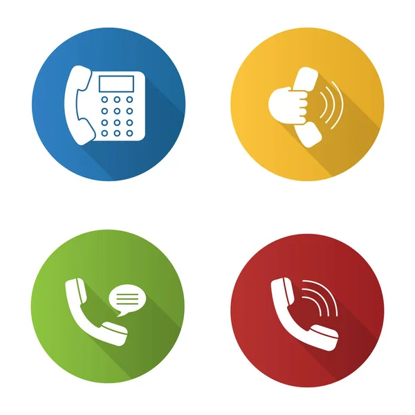 Telefon Kommunikáció Lapos Kivitel Hosszú Árnyék Karakterjel Ikonok Beállítása Vezetékes — Stock Vector