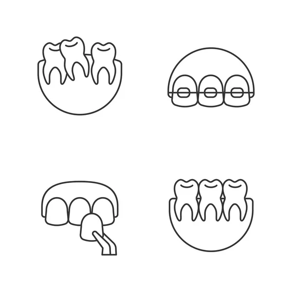 牙科线形图标设置 弯曲和健康的牙齿 细线轮廓符号 独立矢量轮廓插图 — 图库矢量图片
