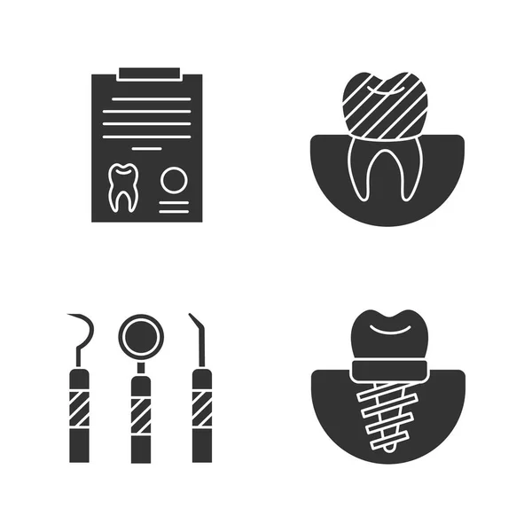 Ensemble Icônes Glyphe Dentisterie Stomatologie Rapport Diagnostic Implant Dentaire Couronne — Image vectorielle