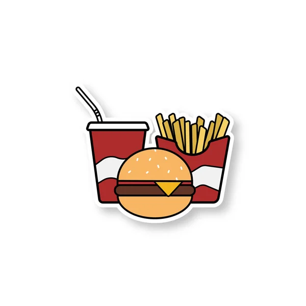 快餐补丁 垃圾食品 可乐纸杯 芝士汉堡和炸薯条 彩色贴纸 矢量隔离插图 — 图库矢量图片