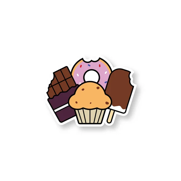 Süßigkeiten Pflaster Süßwaren Schokoriegel Donut Muffin Mit Rosinen Eis Farbaufkleber — Stockvektor