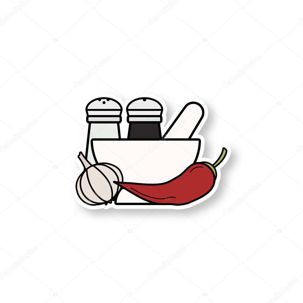 Spices patch. Color sticker. Salt and pepper shakers, garlic, chili, mortar and pestle. Vector isolated illustration