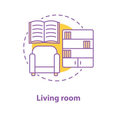 Oturma odası mobilya kavramı simge. Kütüphane iç tasarım fikir ince hat illüstrasyon. Koltuk, kitaplık, kitap. Çizim vektör izole anahat