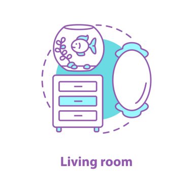 Oturma odası iç kavramı simge. Oda Tasarım fikir ince hat illüstrasyon. Duvar ayna, akvaryum ve tuvalet. Çizim vektör izole anahat