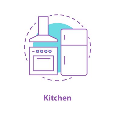 Mutfak aletleri kavramı simge. İç tasarım fikir ince hat illüstrasyon. Range hood, soba, buzdolabı. Çizim vektör izole anahat