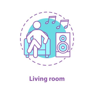 Geri kalan kavramı simge. Oturma odası fikir ince hat illüstrasyon. Koltukta oturan ve müzik adamı. Çizim vektör izole anahat