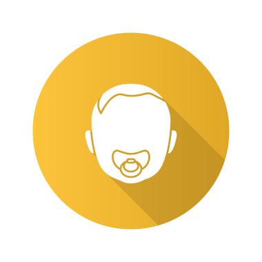 Bebek yüz emzik düz tasarım uzun gölge glif simgesi ile. Emzik ağzında çocukla. Vektör siluet çizimi