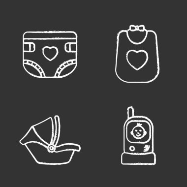 Çocuk Bakımı tebeşir Icons set. Bebek bezi, önlük, oto koltuğu, radyo dadı. İzole vektör kara tahta çizimler