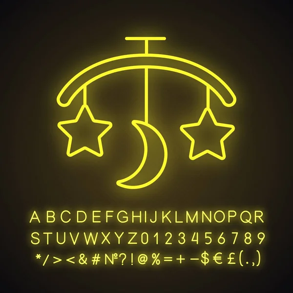 Babybett Karussell Neon Licht Symbol Hängerrasseln Leuchtendes Zeichen Mit Alphabet — Stockvektor