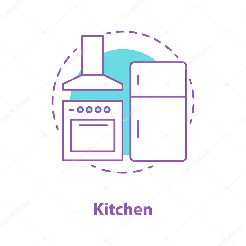 Kitchen appliances concept icon. Interior design idea thin line illustration. Range hood, stove, fridge. Vector isolated outline drawing