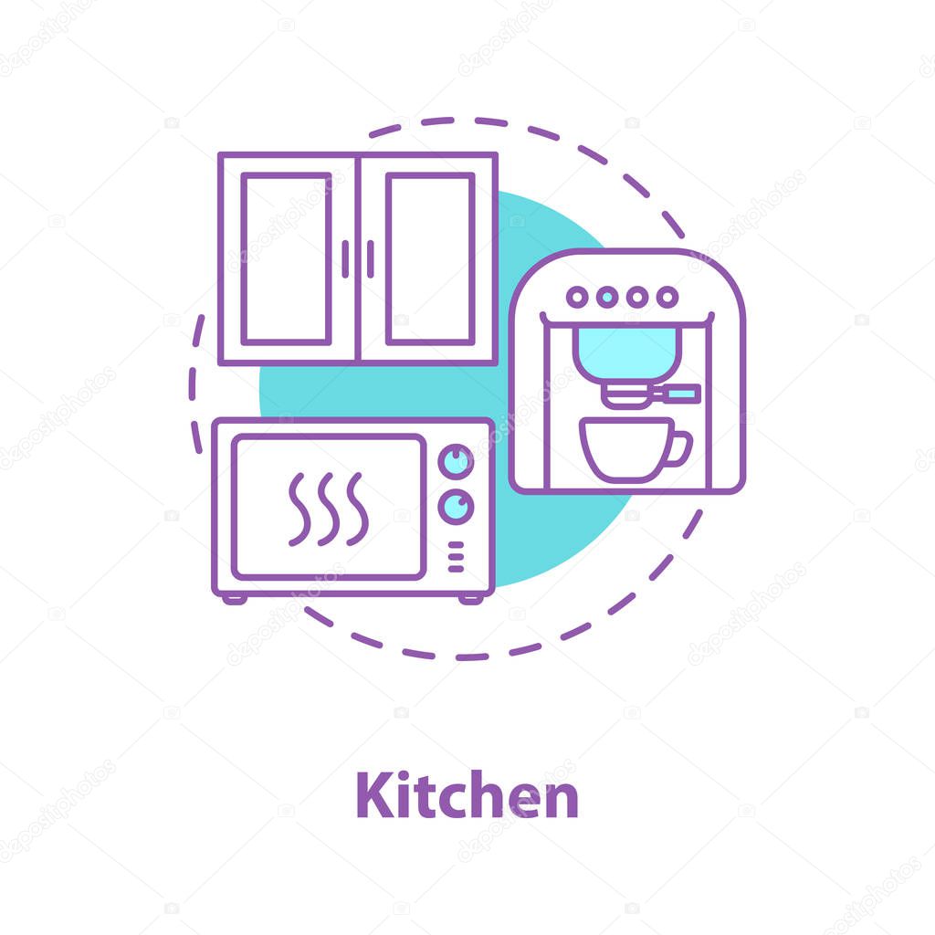 Kitchen interior concept icon. Room design idea thin line illustration. Kitchen furniture and appliance. Coffee machine, microwave oven, cabinet. Vector isolated outline drawing