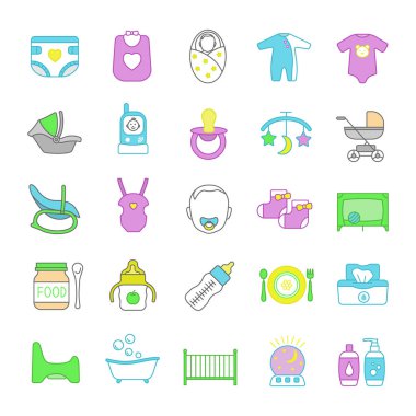 Çocuk Bakımı renk simgeler kümesi. Ekipman, giyim, arabalar, oto koltuğu, beslenme bebekler için. İzole vektör çizimler