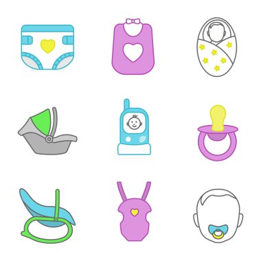 Çocuk Bakımı renk simgeler kümesi. Bebek bezi, önlük, yeni doğan, oto koltuğu, radyo Dadı, emzik, sallanan sandalye, çanta, çocuk yüz taşıyor. İzole vektör çizimler