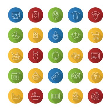 Çocuk Bakımı düz doğrusal uzun gölge simgeler kümesi. Ekipman, giyim, arabalar, oto koltuğu, beslenme bebekler için. Vektör anahat çizim