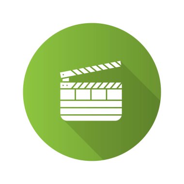 Klaket düz tasarım uzun gölge glif simgesi. Zaman kod sayfa. Vektör siluet çizimi