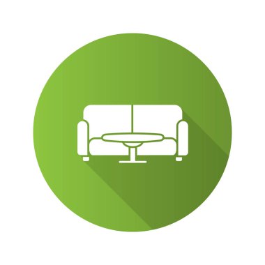 Masa ve koltuk düz tasarım uzun gölge glif simgesi. Hall bekliyor. Vektör siluet çizimi