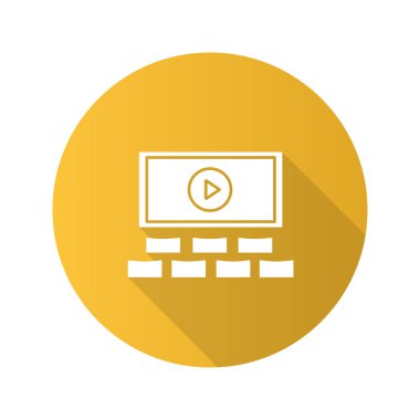 Sinema salonu düz tasarım uzun gölge glif simgesi. Sinema salonu. Vektör siluet çizimi
