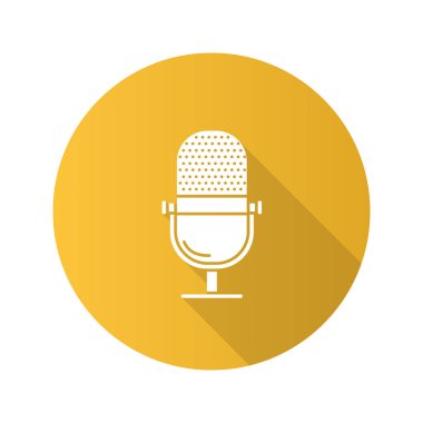 Mikrofon doğrusal düz tasarım uzun gölge glif simgesi. Radyo yayın. Vektör siluet çizimi