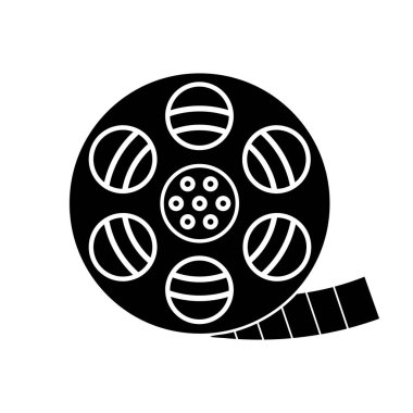Film şeridi rulo glif simgesi. Film reel. Siluet simge. Negatif alan. İzole vektör çizim