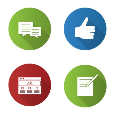 Bilgi Merkezi düz tasarım uzun gölge glif simgeler kümesi. Not sohbet, almak, başparmak yukarıya, web sayfası. Vektör siluet çizimi