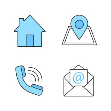 Bilgi merkezi renk simgeler kümesi. Anasayfa, Gps navigasyon, gelen arama, e-posta. İzole vektör çizimler