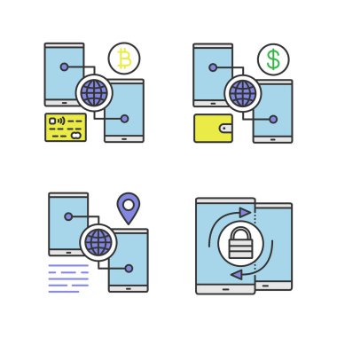 Smartphone renk simgeler kümesi. Bitcoin ve doları Dijital Cüzdan, Gps navigasyon, güvenlik senkronizasyon. İzole vektör çizimler