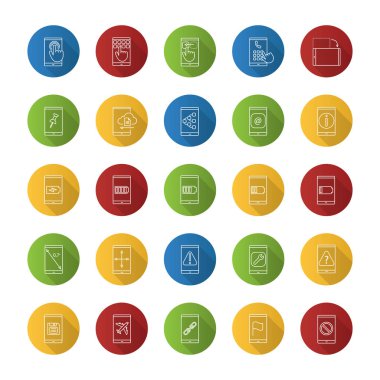 Smartphone düz doğrusal uzun gölge simgeler kümesi. Internet bağlantısı, veri transferi, apps, iletişim. Vektör anahat çizim