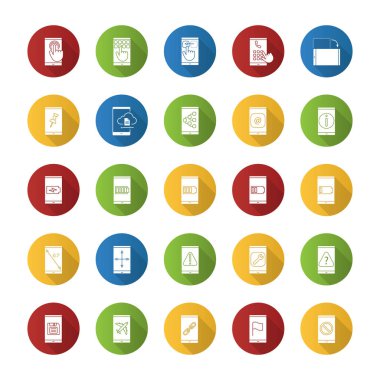 Smartphone düz tasarım uzun gölge glif simgeler kümesi. Internet bağlantısı, veri transferi, apps, iletişim. Vektör siluet çizimi