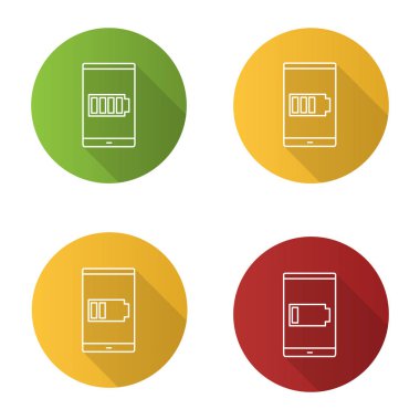 Akıllı telefon pil şarj düz doğrusal uzun gölge simgeleri ayarlayın. Vektör anahat çizim