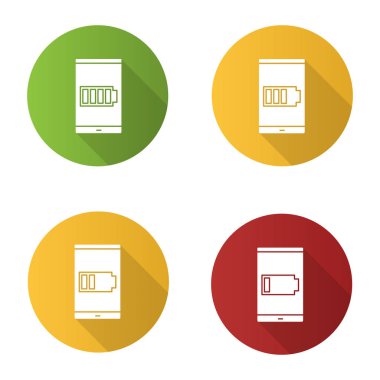 Akıllı telefon pil uzun gölge glif simgeler düz tasarım şarj ayarlayın. Vektör siluet çizimi