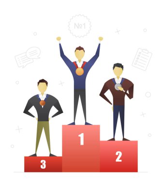 Öğrenciler düz karakter tasarımı Yarışması. Programcılar için rekabet. Kazananlar, Şampiyonlar. İlk, ikinci ve üçüncü yerleştirir. İzole vektör çizim