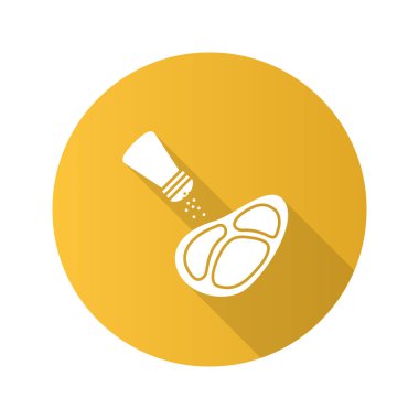 Tuzlama biftek düz tasarım uzun gölge glif simgesi. Biber veya biftek ile tuz shaker. Vektör siluet çizimi