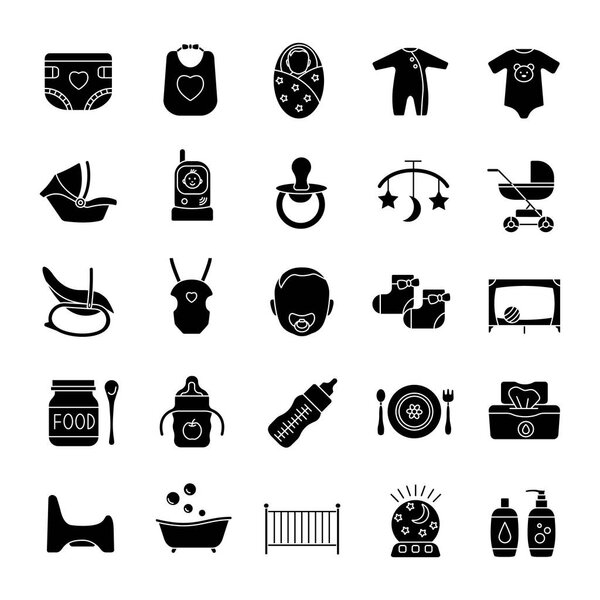 Childcare glyph icons set. Equipment, clothes, carriages, car seats, nutrition for babies. Silhouette symbols. Vector isolated illustration