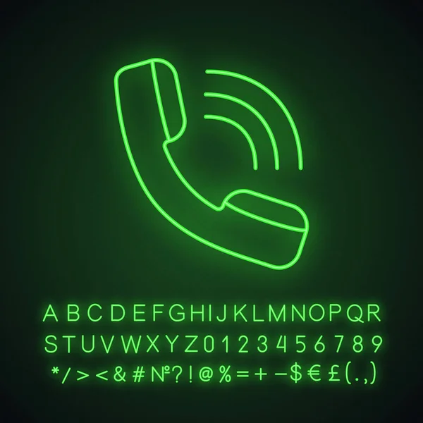 手机霓虹灯图标 电话支持 带有字母 数字和符号的发光符号 矢量隔离插图 — 图库矢量图片