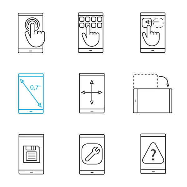 Set Icone Lineari Smartphone Touchscreen Tastiera Gesto Trascinamento Rotazione Del — Vettoriale Stock