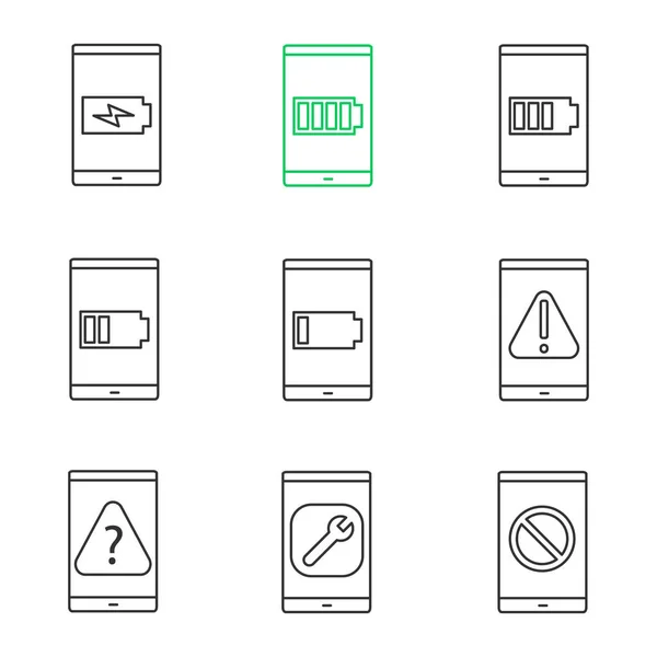 Conjunto Iconos Lineales Para Teléfonos Inteligentes Carga Batería Teléfono Inteligente — Vector de stock