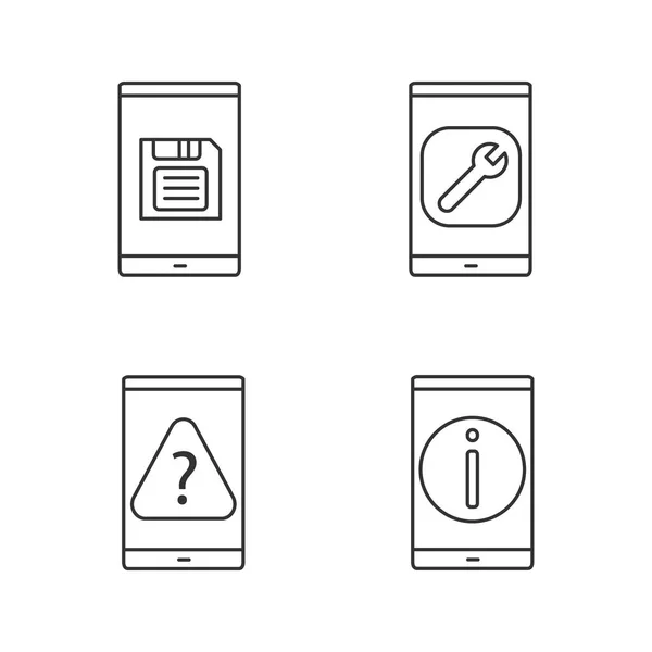 Conjunto Iconos Lineales Para Teléfonos Inteligentes Guardar Botón Ajustes Preguntas — Vector de stock