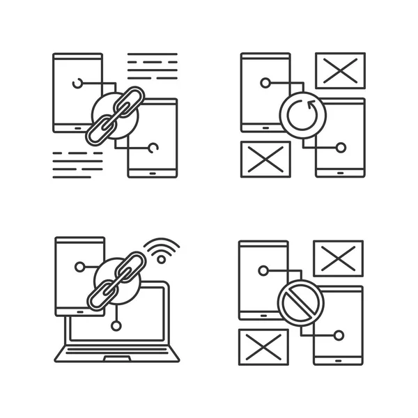 Smartphone Displays Linear Icons Set Link Sharing Connection Synchronization Error — Stock Vector