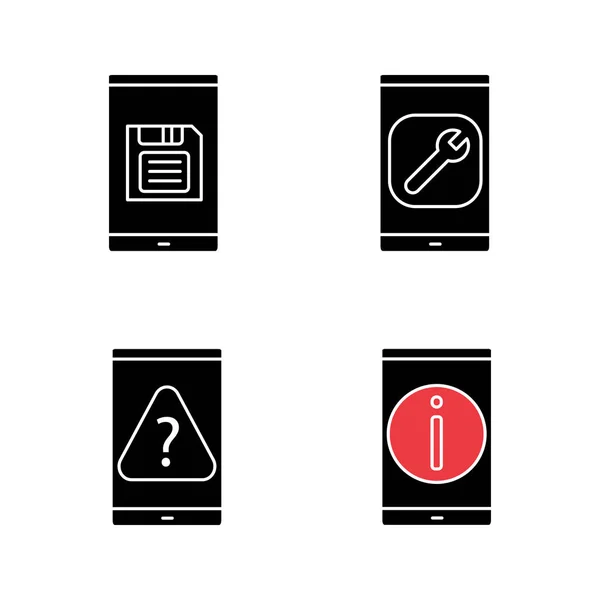 Σετ Εικονιδίων Γλύφων Smartphone Αποθηκεύσετε Τις Ρυθμίσεις Κουμπί Κινητό Τηλέφωνο — Διανυσματικό Αρχείο