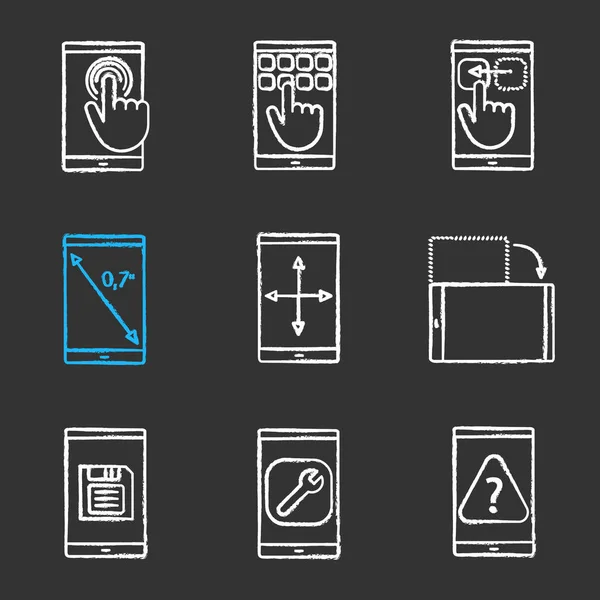 Set Icone Gesso Smartphone Touchscreen Tastiera Gesto Trascinamento Rotazione Del — Vettoriale Stock