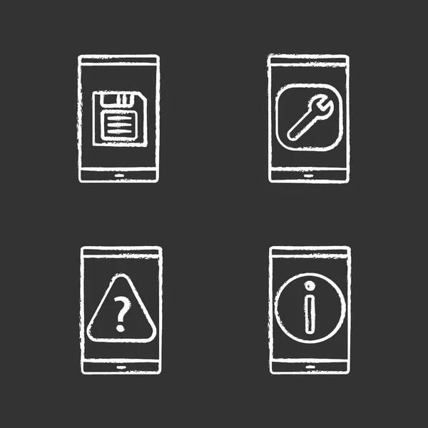 Conjunto Iconos Tiza Teléfono Inteligente Guardar Botón Ajustes Preguntas Frecuentes — Vector de stock