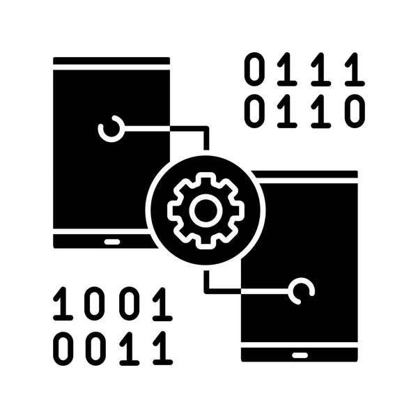 スマート フォン設定グリフ アイコン アプリ開発 歯車とバイナリ コード付き電話が備わっています シルエットのシンボル 否定的なスペース 分離したベクトル図 — ストックベクタ