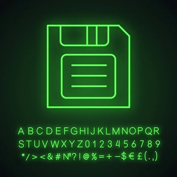 Sla Knoppictogram Neon Licht Floppy Disk Glowing Teken Met Alfabet — Stockvector